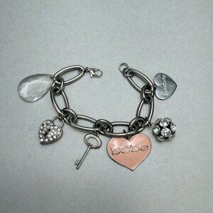 Bebe Charm Bracelet Enamel Peach Heart Key Crystal Dangle Silver  Tone